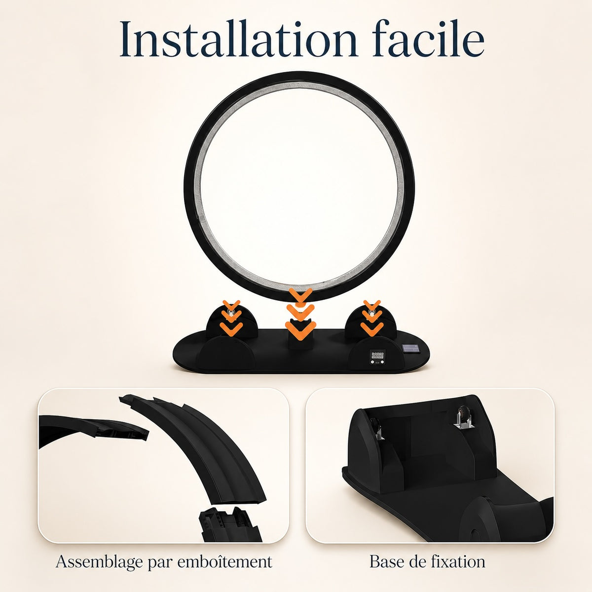Roue pour chat noire installation facile sans outil, zoom sur le système d'assemblage par emboîtement et la base de fixation solide.