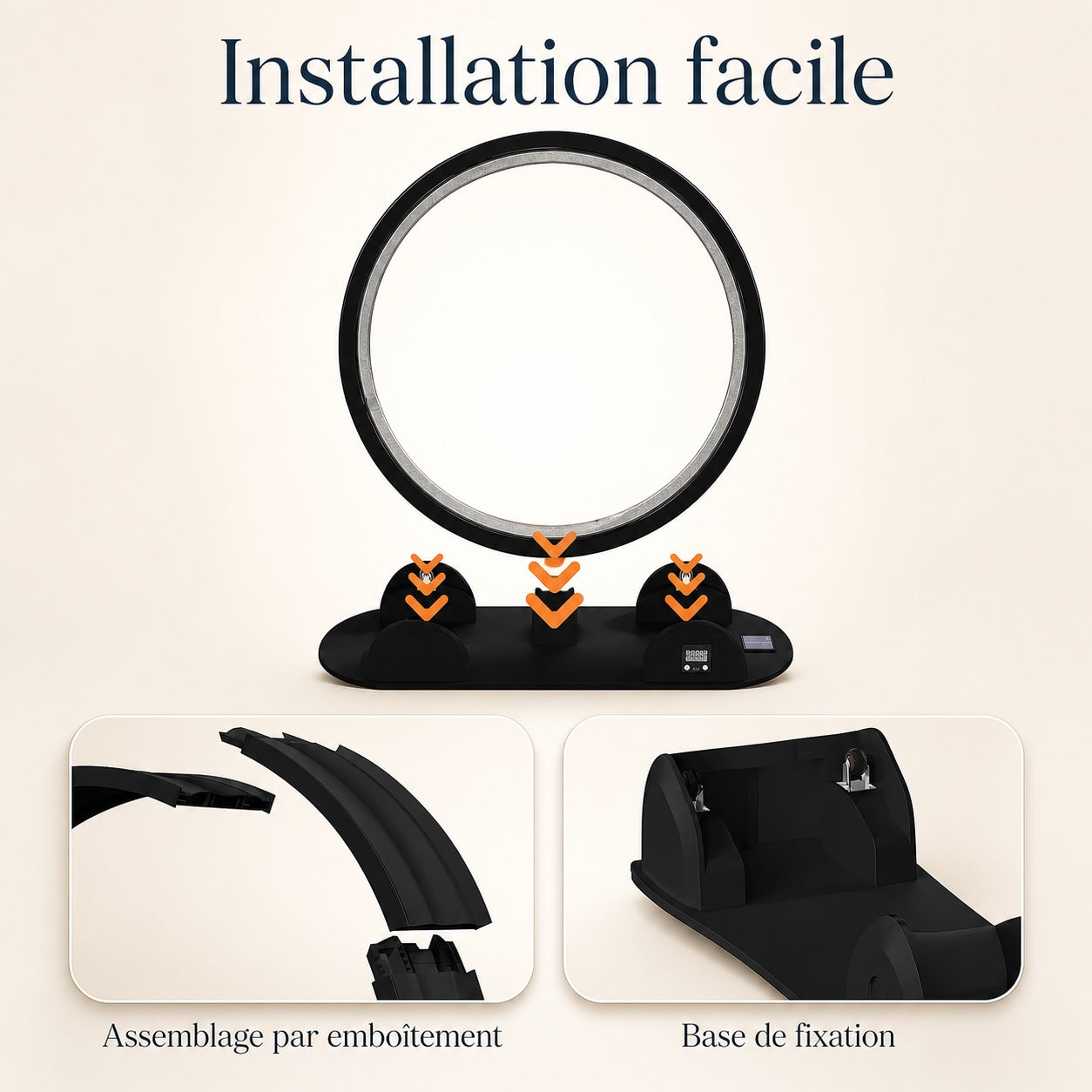 Roue pour chat noire installation facile sans outil, zoom sur le système d'assemblage par emboîtement et la base de fixation solide.