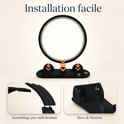Roue pour chat noire installation facile sans outil, zoom sur le système d'assemblage par emboîtement et la base de fixation solide.