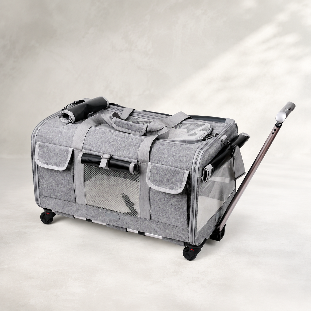 Sac de transport pour chat à roulettes gris avec poignée télescopique, spacieux, ventilé et pratique pour voyager avec votre chat Catedo