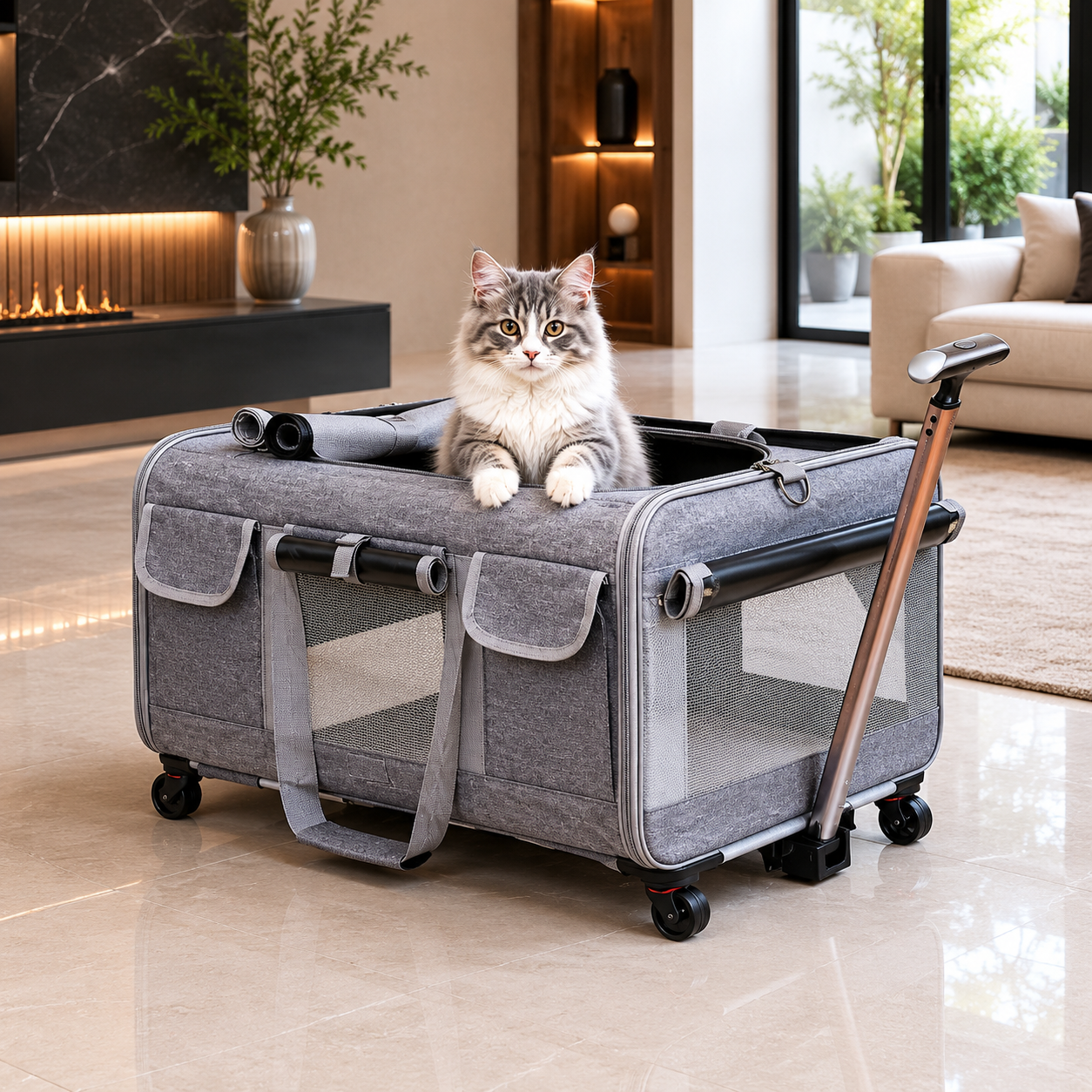Sac de transport pour chat grande taille à roulettes avec poignée télescopique, spacieux et confortable pour voyager avec votre chat Catedo