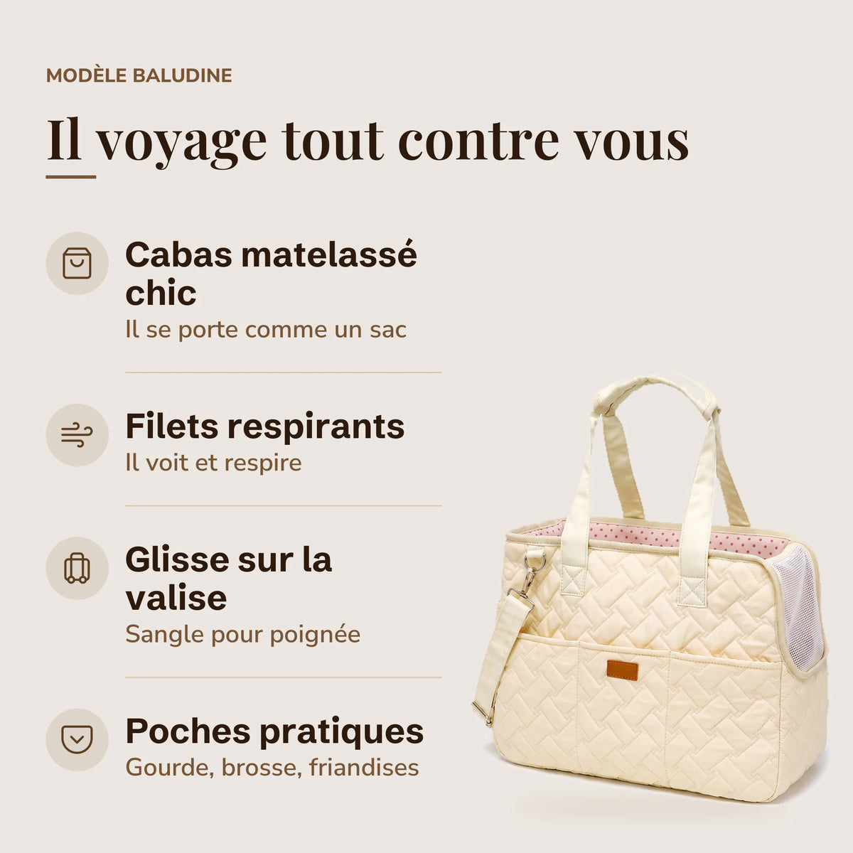 Les avantages du sac de transport souple : cabas matelassé chic, filets respirants, se glisse sur la valise, poches pratiques