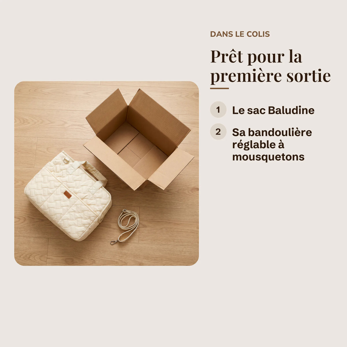 Contenu du colis : le sac de transport matelassé et sa bandoulière réglable à mousquetons
