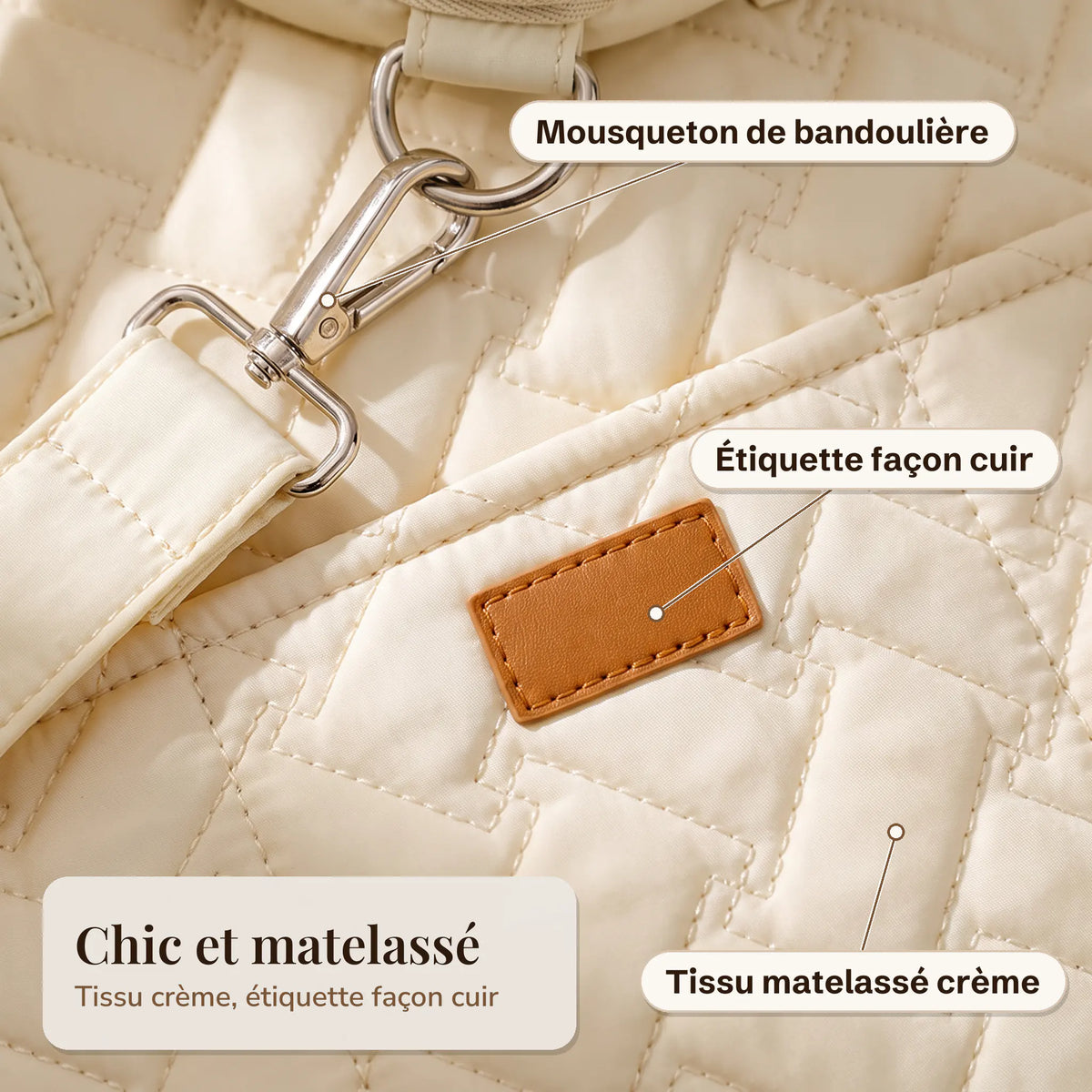 Gros plan sur le tissu matelassé crème, l'étiquette façon cuir fauve et le mousqueton de la bandoulière