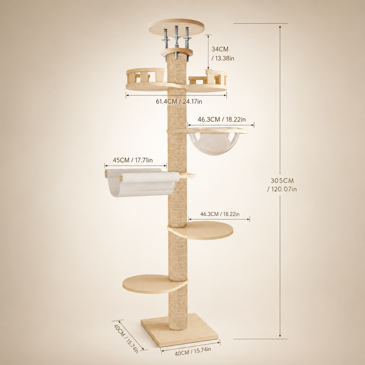 Schéma des dimensions d’un arbre à chat sol plafond de 305 cm avec plateformes en bois, hamac suspendu, hamac bulle transparent, base 40 cm et poteau griffoir en sisal.