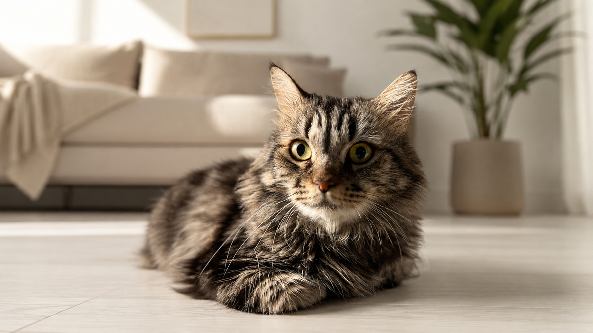 Simba, chat Maine Coon de l'équipe Catedo, dans un intérieur scandinave lumineux