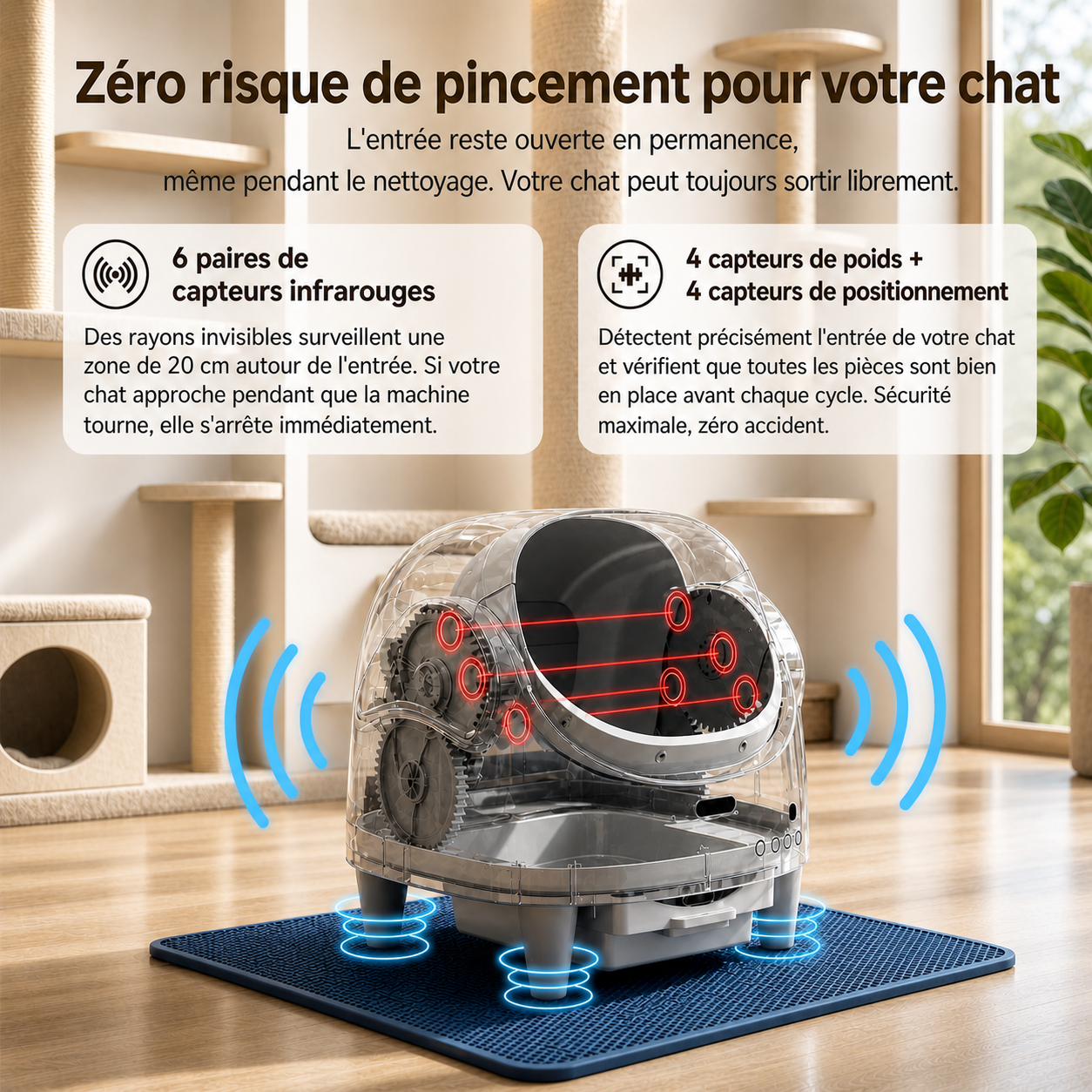 Schéma du système de sécurité d'une litière automatique pour chat montrant 6 paires de capteurs infrarouges et des capteurs de poids pour garantir l'absence de risque de pincement.