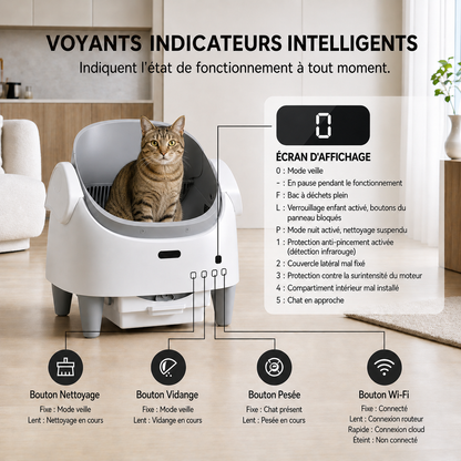 Détails de l'écran d'affichage et des voyants indicateurs intelligents d'une litière automatique, expliquant les modes de nettoyage, vidange, pesée et connexion Wi-Fi.
